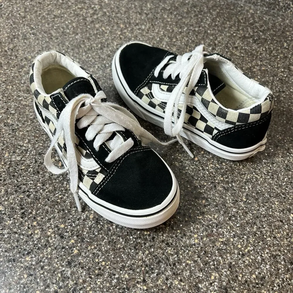 Vans Classic Little Kids Sz 12 Sneaker Shoe Lace Up Low Black Check Suede/Canvas